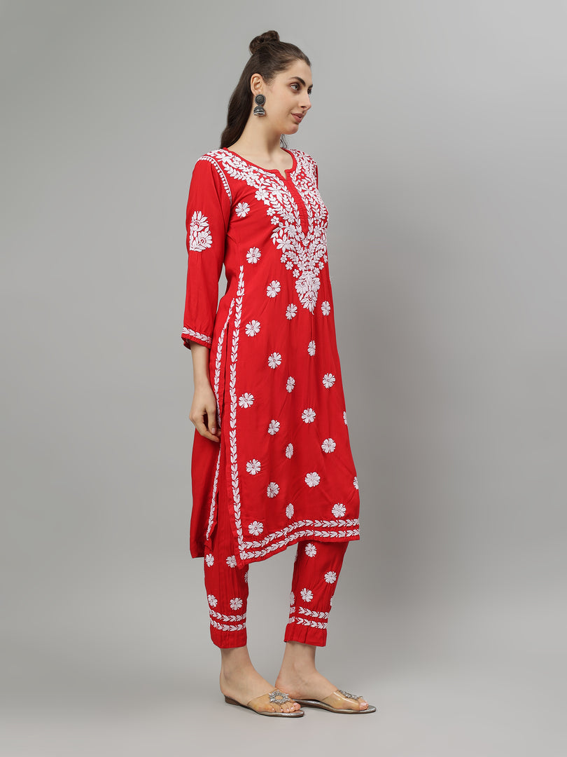 Seva Chikan Hand Embroidered Rayon Lucknowi Chikankari Kurta Set
