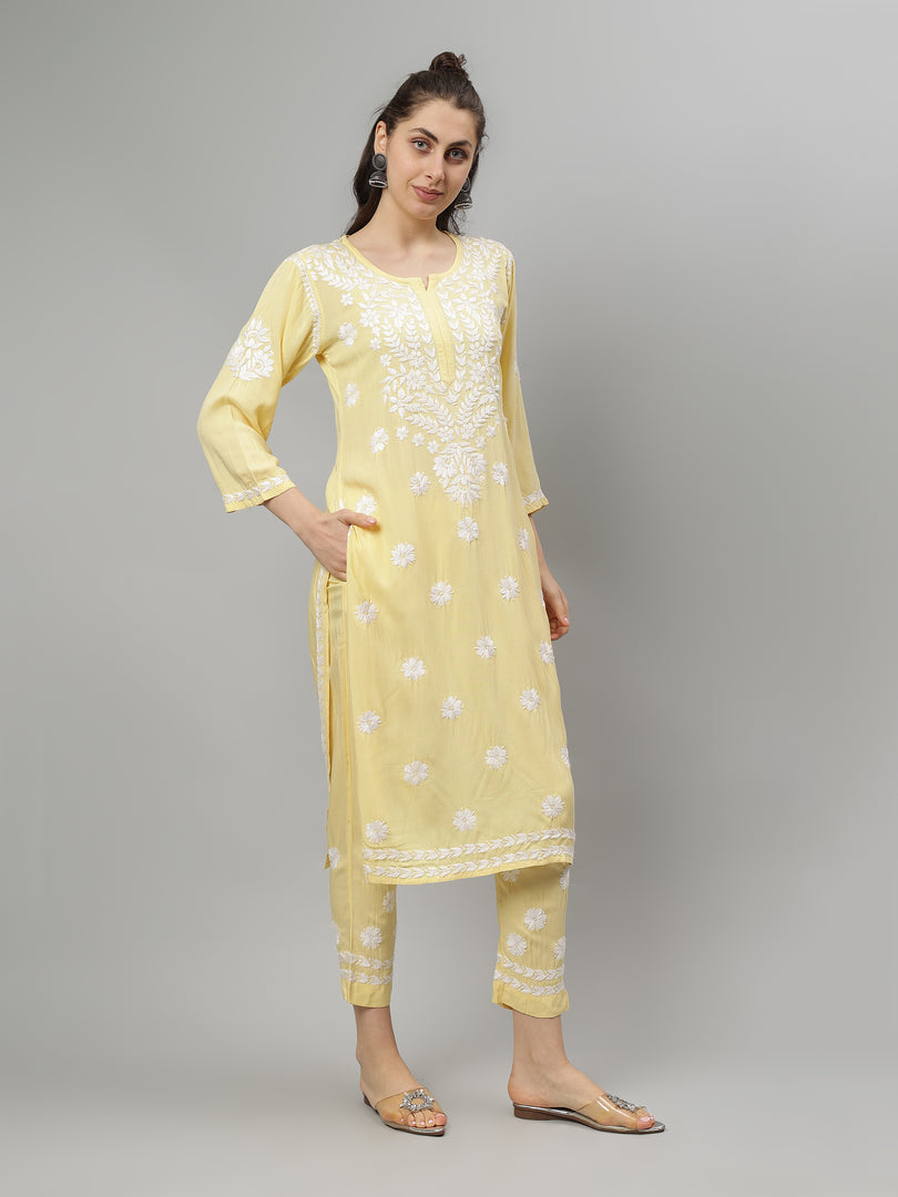 Seva Chikan Hand Embroidered Rayon Lucknowi Chikankari Kurta Set