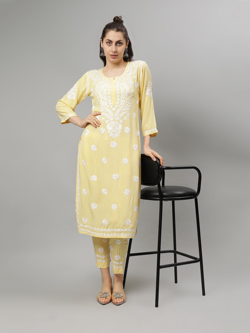Seva Chikan Hand Embroidered Rayon Lucknowi Chikankari Kurta Set