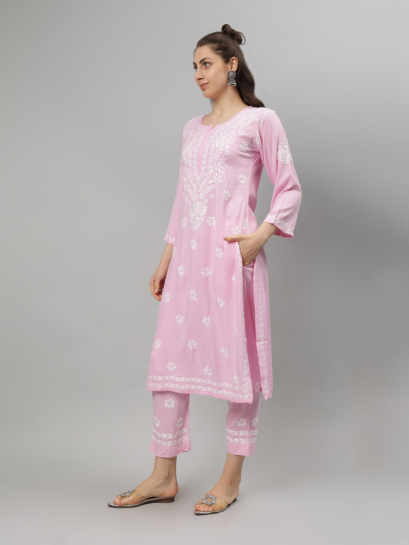 Seva Chikan Hand Embroidered Rayon Lucknowi Chikankari Kurta Set