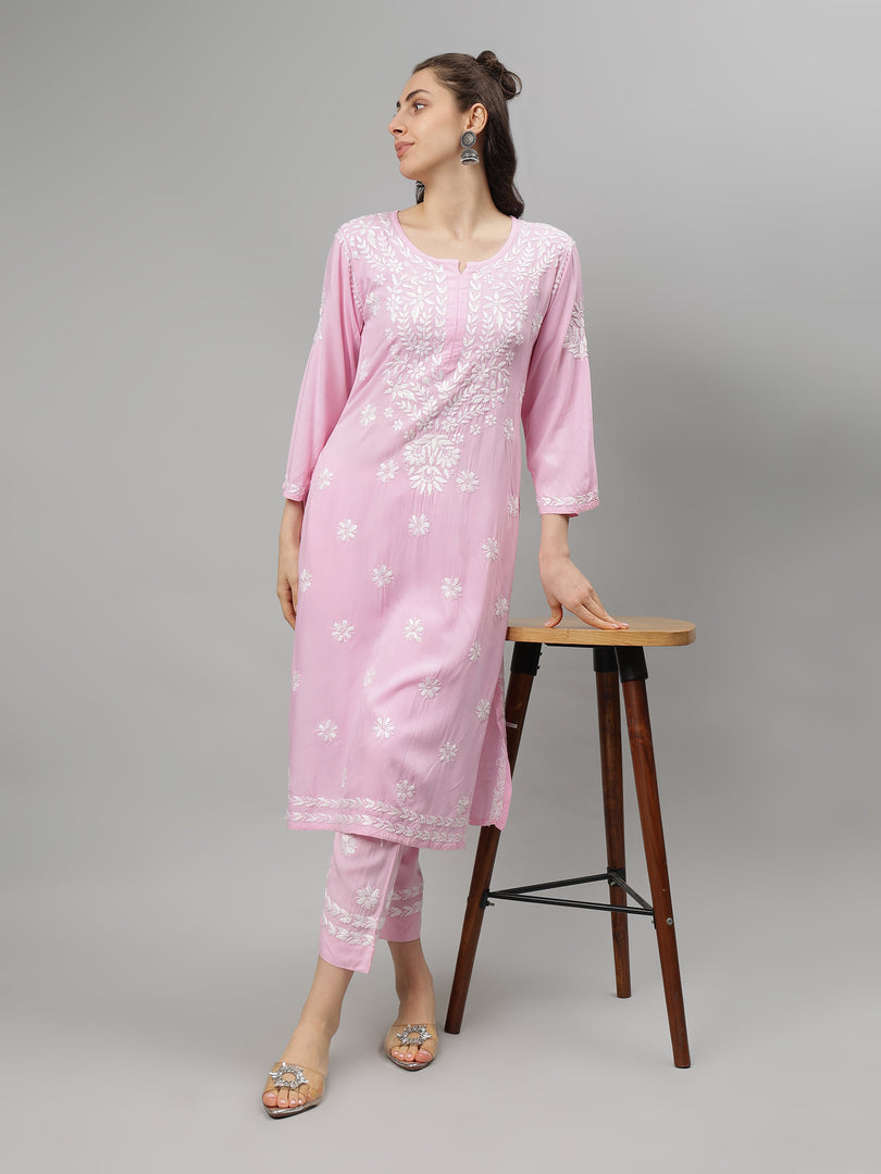 Seva Chikan Hand Embroidered Rayon Lucknowi Chikankari Kurta Set