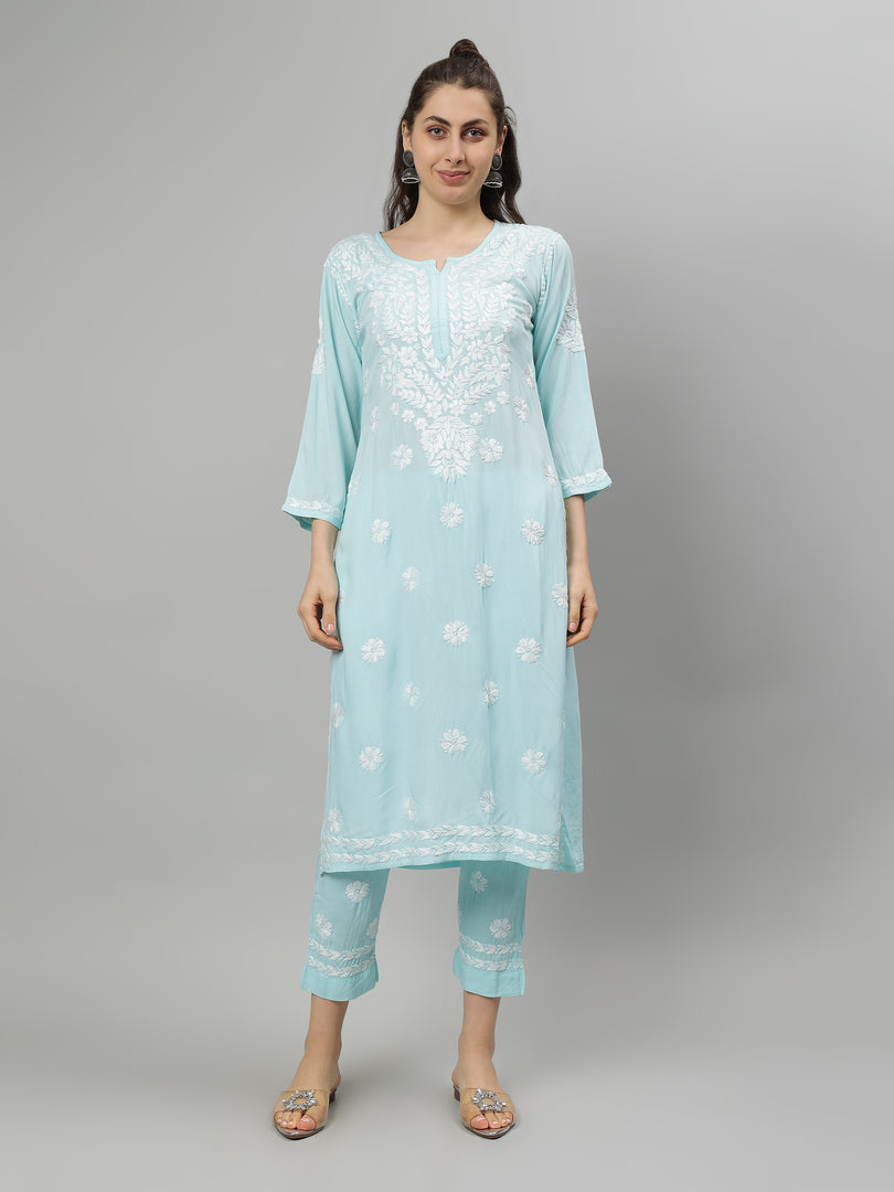 Seva Chikan Hand Embroidered Rayon Lucknowi Chikankari Kurta Set