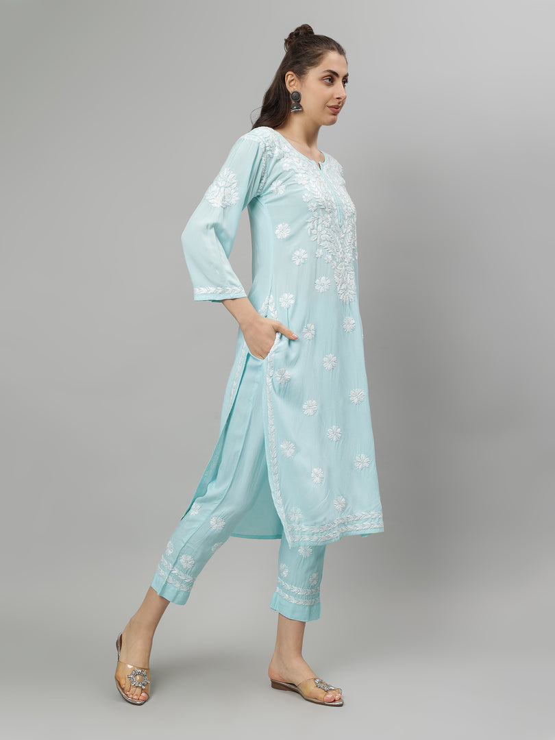 Seva Chikan Hand Embroidered Rayon Lucknowi Chikankari Kurta Set