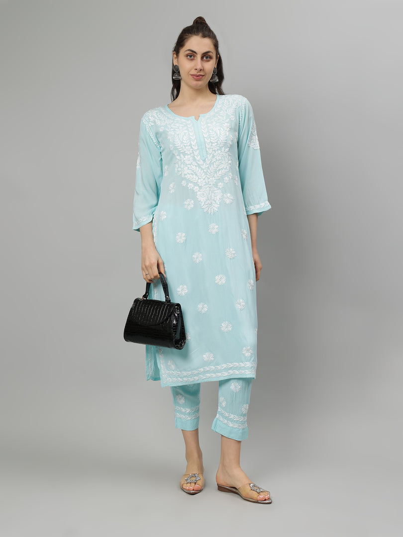 Seva Chikan Hand Embroidered Rayon Lucknowi Chikankari Kurta Set