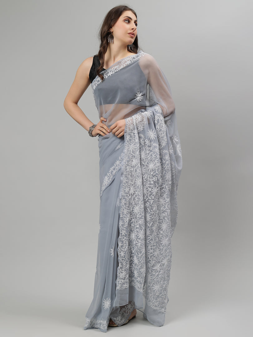 Seva Chikan Hand Embroidered Grey Georgette Lucknowi Chikankari Saree SCL6095