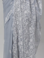Load image into Gallery viewer, Seva Chikan Hand Embroidered Grey Georgette Lucknowi Chikankari Saree SCL6095