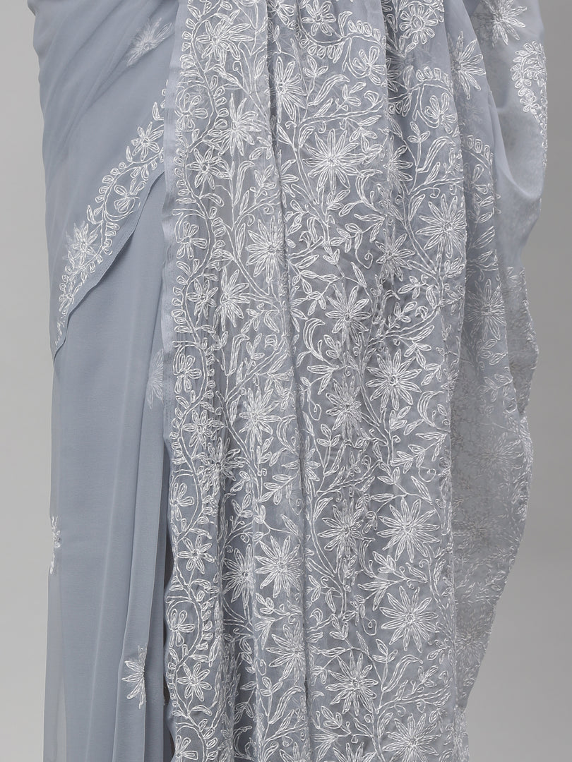 Seva Chikan Hand Embroidered Grey Georgette Lucknowi Chikankari Saree SCL6095