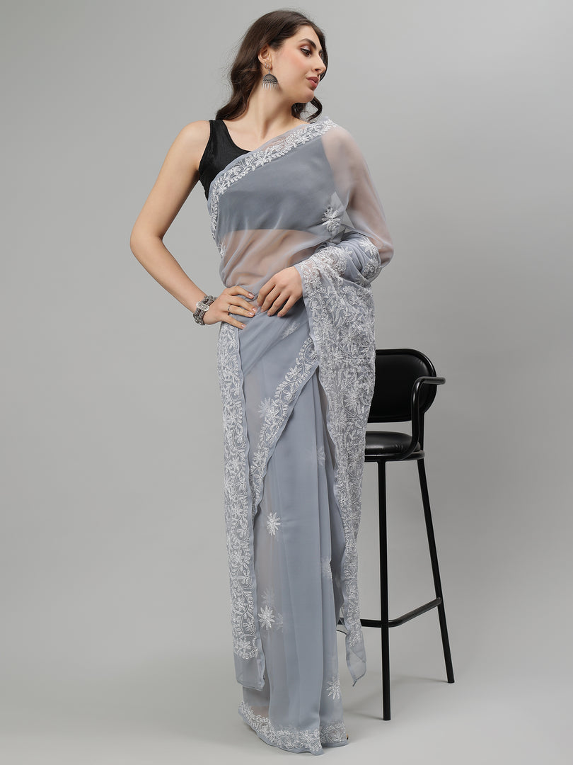 Seva Chikan Hand Embroidered Grey Georgette Lucknowi Chikankari Saree SCL6095