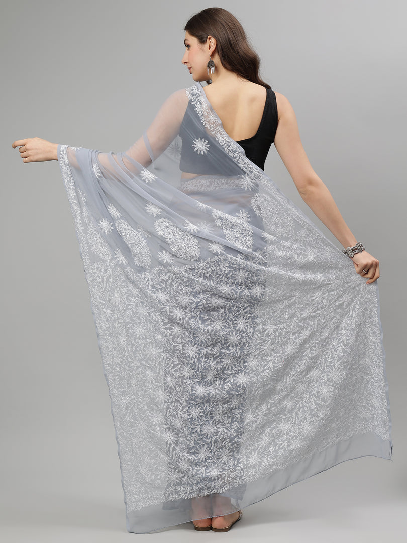 Seva Chikan Hand Embroidered Grey Georgette Lucknowi Chikankari Saree SCL6095