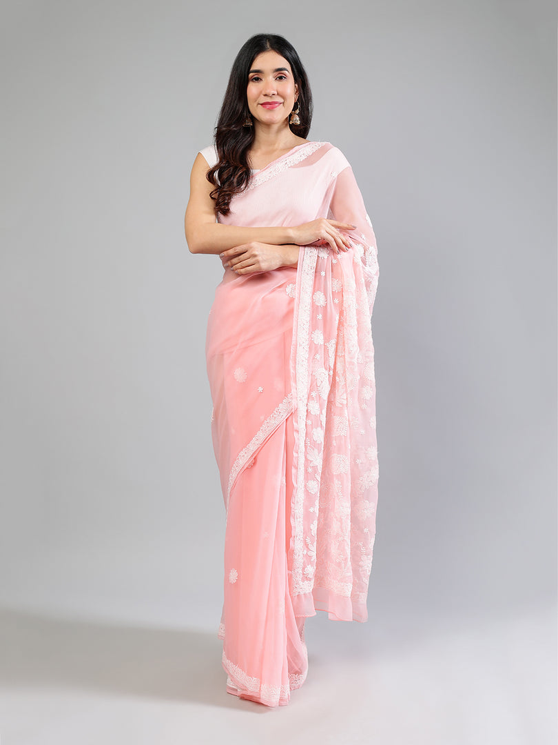 Seva Chikan Hand Embroidered Georgette Lucknowi Chikankari Saree