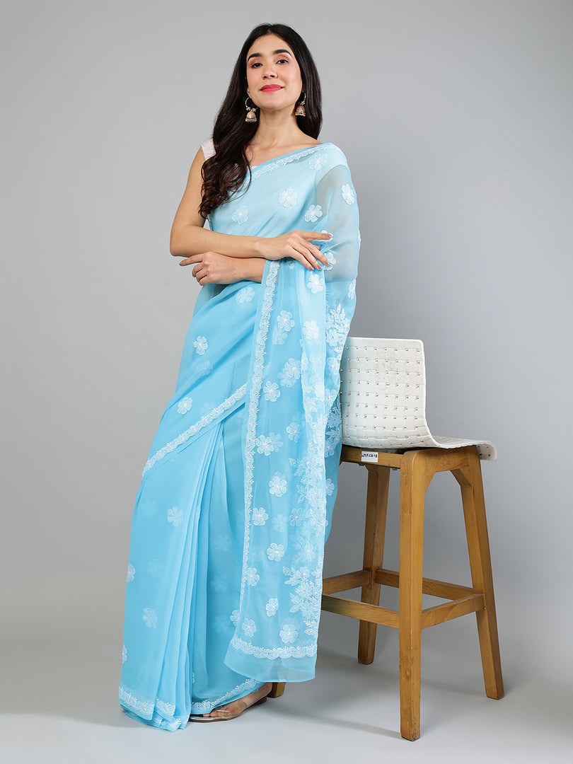 Seva Chikan Hand Embroidered Georgette Lucknowi Chikankari Saree
