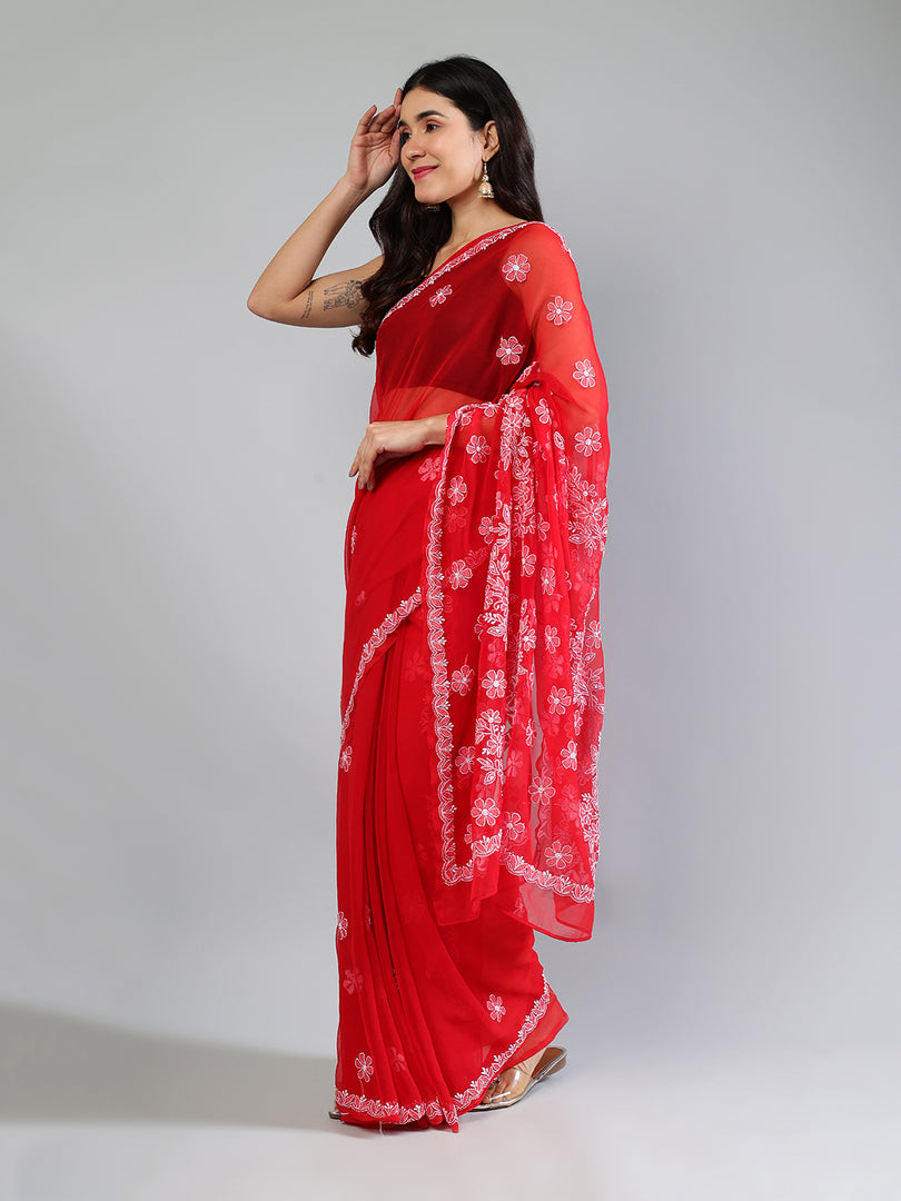 Seva Chikan Hand Embroidered Georgette Lucknowi Chikankari Saree