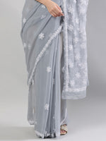 Load image into Gallery viewer, Seva Chikan Hand Embroidered Grey Georgette Lucknowi Chikankari Saree- SCL6106