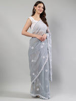 Load image into Gallery viewer, Seva Chikan Hand Embroidered Grey Georgette Lucknowi Chikankari Saree- SCL6106
