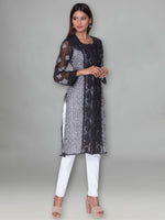 Load image into Gallery viewer, Seva Chikan Hand Embroidered Black Faux Georgette Lucknowi Chikankari Kurta-SCL0962