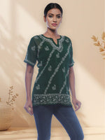 Load image into Gallery viewer, Seva Chikan Hand Embroidered Dark Green Georgette Lucknowi Chikankari Short Top SCL0162