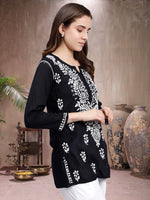 Load image into Gallery viewer, Seva Chikan Hand Embroidered Black Modal Lucknowi Chikankari Top SCL9108