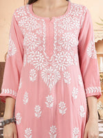 Load image into Gallery viewer, Seva Chikan Hand Embroidered Peach Rayon Lucknowi Chikankari Kurta Set SCL8046