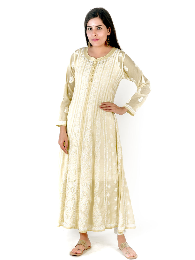 Seva Chikan Hand Embroidered Light Green Cotton Lucknowi Chikankari Anarkali-SCL1324