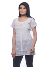 Load image into Gallery viewer, Seva Chikan Hand Embroidered White Cotton Lucknowi Chikankari Short Top With Silver Zari Work-SCL0188