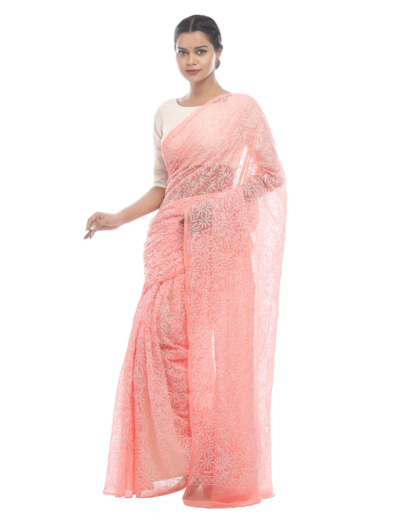 Seva Chikan Hand Embroidered Peach Georgette Lucknowi Saree-SCL2448