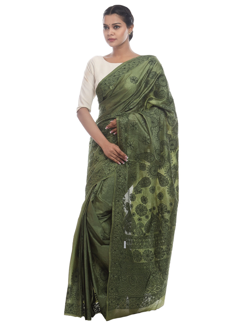 Seva Chikan Hand Embroidered Green Tusser Silk Lucknowi Saree-SCL2307