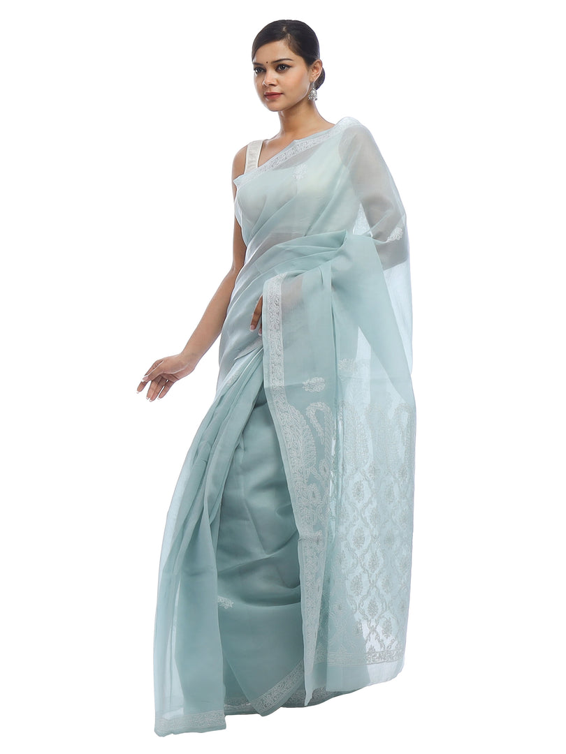 Seva Chikan Hand Embroidered Grey Cotton Lucknowi Saree-SCL2319