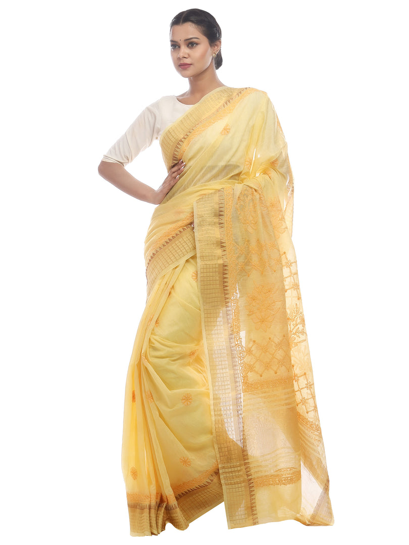 Seva Chikan Hand Embroidered Yellow Cotton Lucknowi Saree-SCL2490