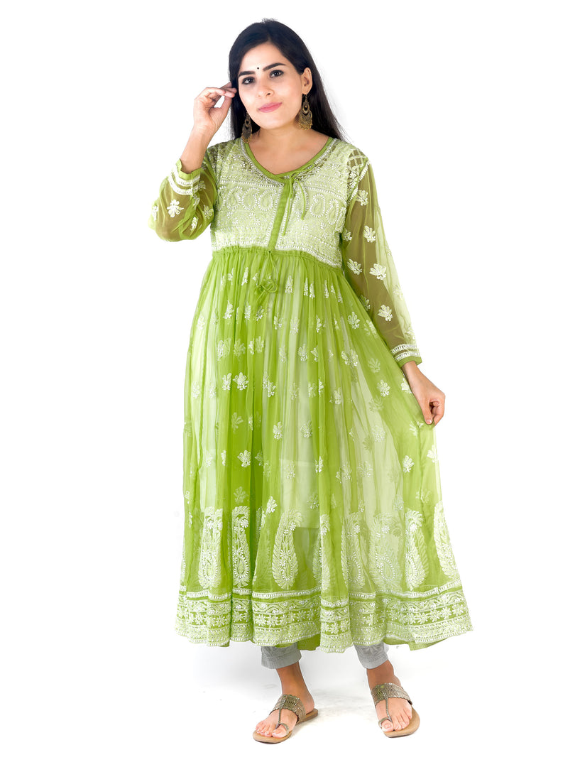 Seva Chikan Hand Embroidered Light Green Georgette Lucknowi Chikankari Anarkali-SCL1352