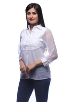 Load image into Gallery viewer, Seva Chikan Hand Embroidered White Poly Georgette Lucknowi Chikankari Shirt-SCL0518