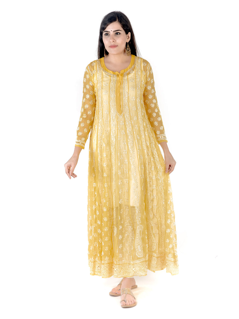 Seva Chikan Hand Embroidered Yellow Georgette Lucknowi Chikankari Anarkali-SCL1364