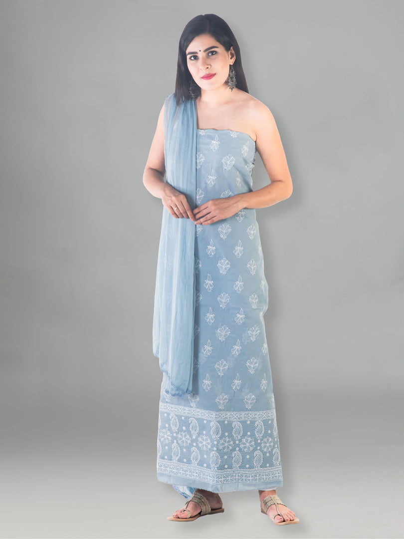 Seva Chikan Hand Embroidered Grey Cotton Lucknowi Chikan Unstitched Suit Piece-SCL1489