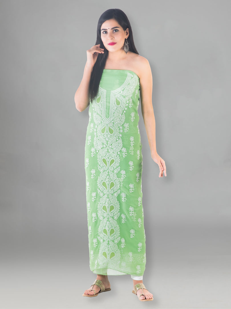 Seva Chikan Hand Embroidered Light Green Cotton Lucknowi Chikan Unstitched Suit Piece-SCL1490