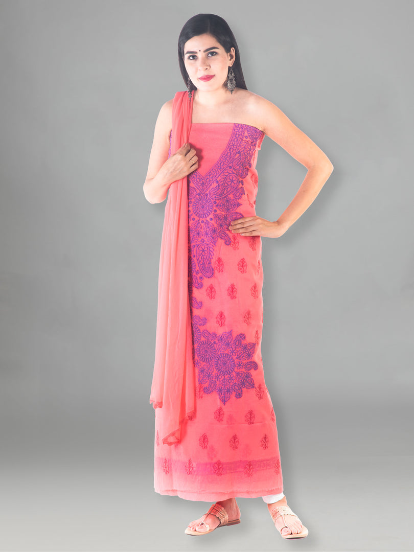 Seva Chikan Hand Embroidered Dark Pink Cotton Lucknowi Chikan Unstitched Suit Piece-SCL1491