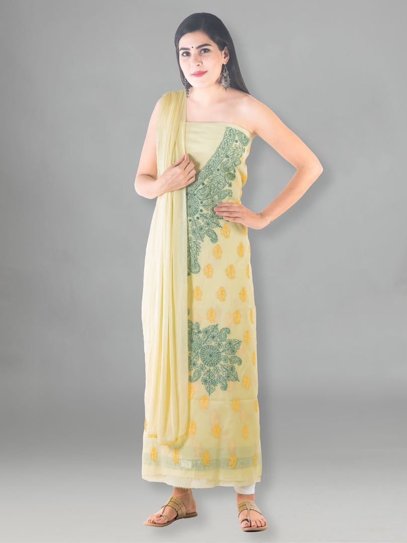 Seva Chikan Hand Embroidered Light Yellow Cotton Lucknowi Chikan Unstitched Suit Piece-SCL1493