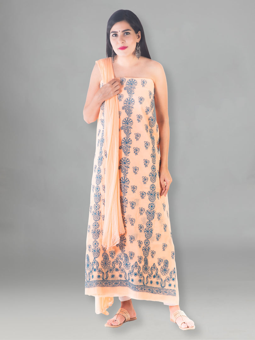 Seva Chikan Hand Embroidered Peach Cotton Lucknowi Chikan Unstitched Suit Piece-SCL1507