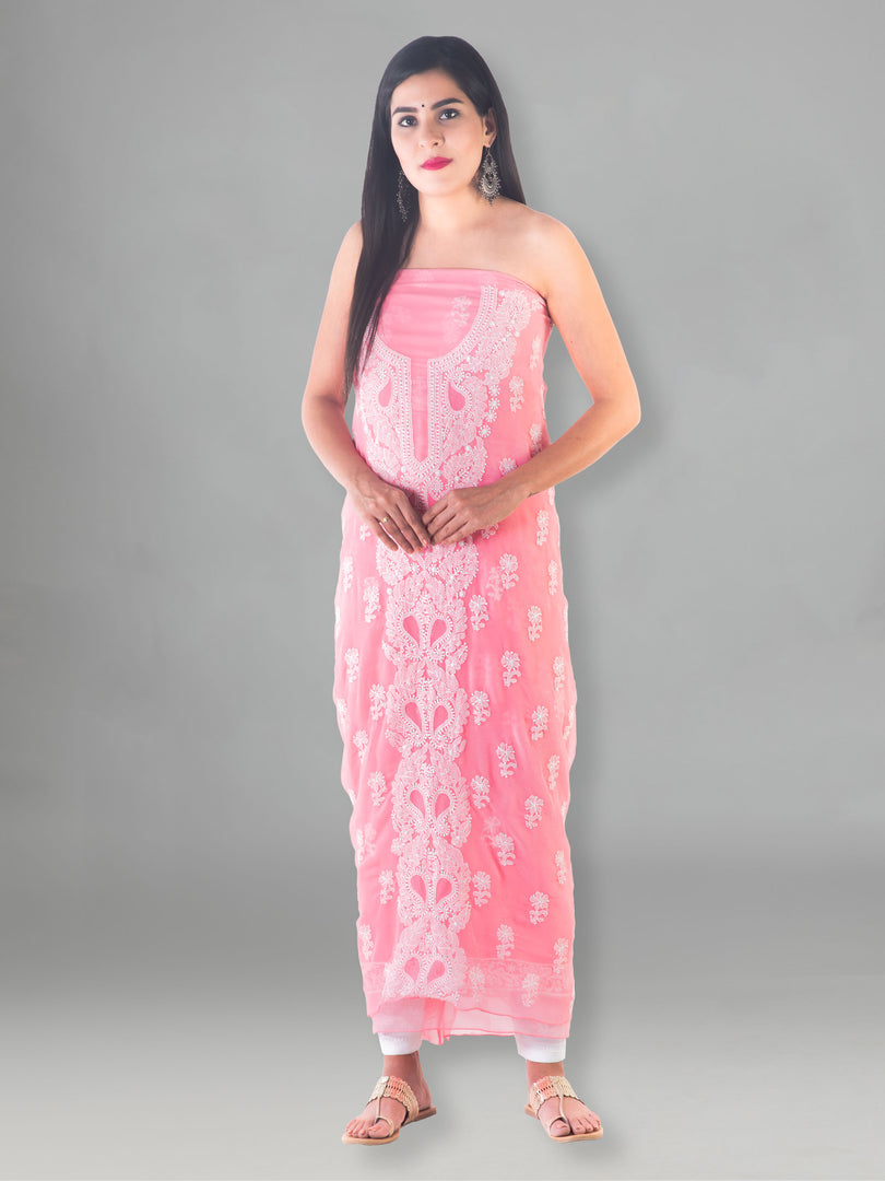 Seva Chikan Hand Embroidered Pink Cotton Lucknowi Chikan Unstitched Suit Piece-SCL1508