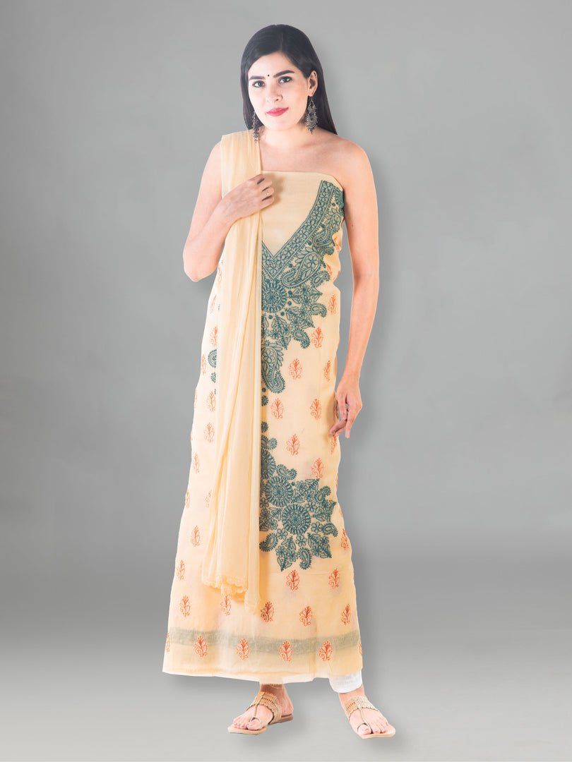 Seva Chikan Hand Embroidered Cream Cotton Lucknowi Chikan Unstitched Suit Piece-SCL1509