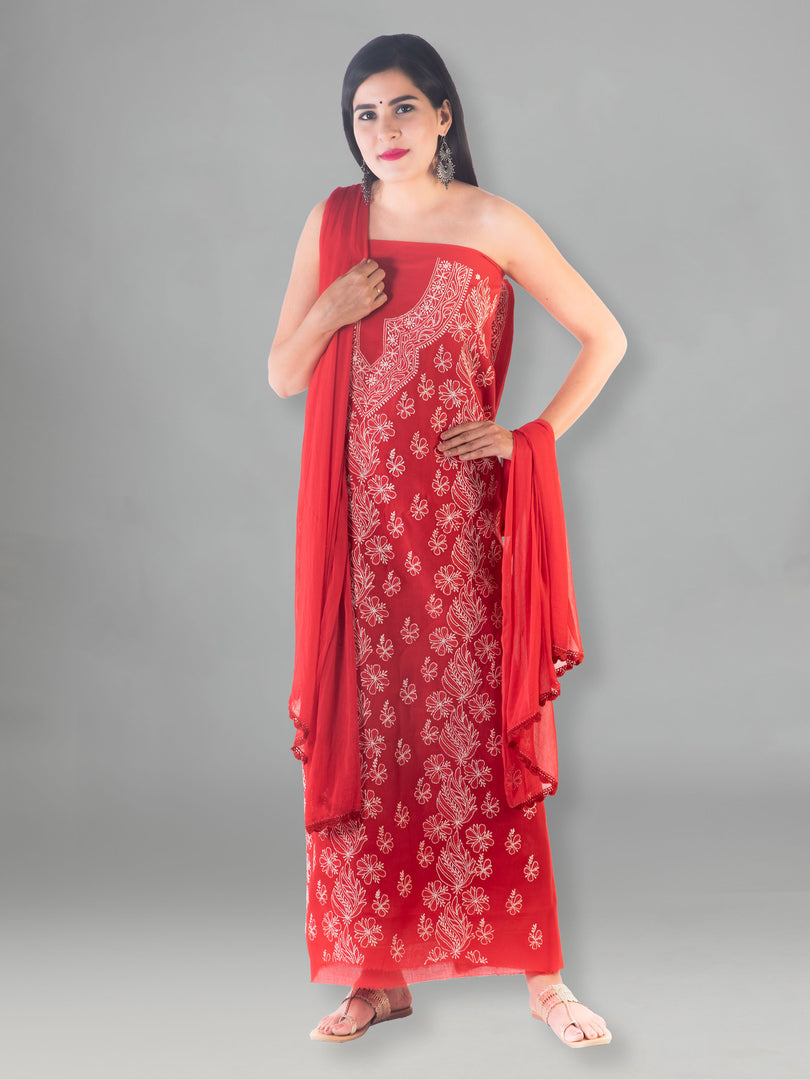 Seva Chikan Hand Embroidered Red Cotton Lucknowi Chikan Unstitched Suit Piece-SCL1510