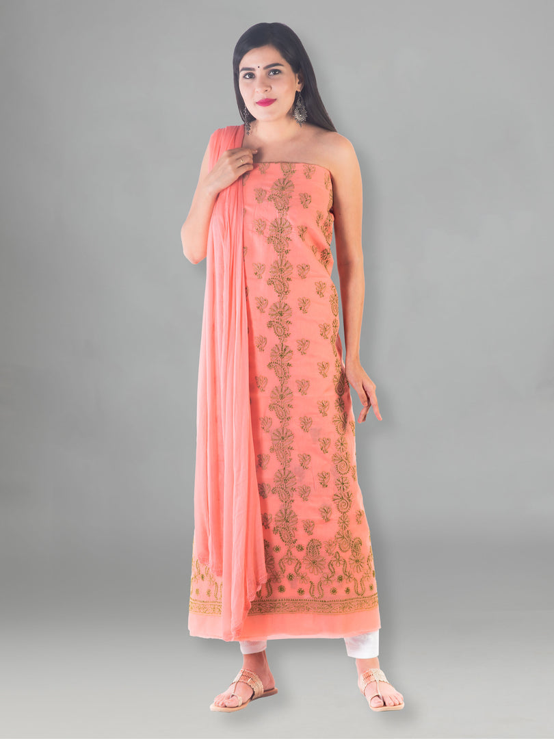 Seva Chikan Hand Embroidered Dark Peach Cotton Lucknowi Chikan Unstitched Suit Piece-SCL1511