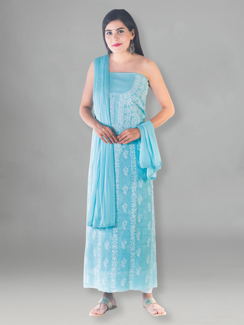 Seva Chikan Hand Embroidered Sky Blue Cotton Lucknowi Chikan Unstitched Suit Piece-SCL1512