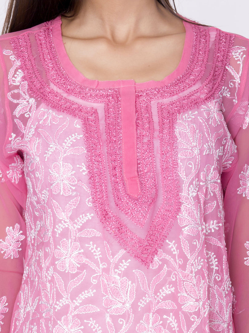 Seva Chikan Hand Embroidered Dark Pink Faux Georgette Lucknowi Chikan Top-SCL0975