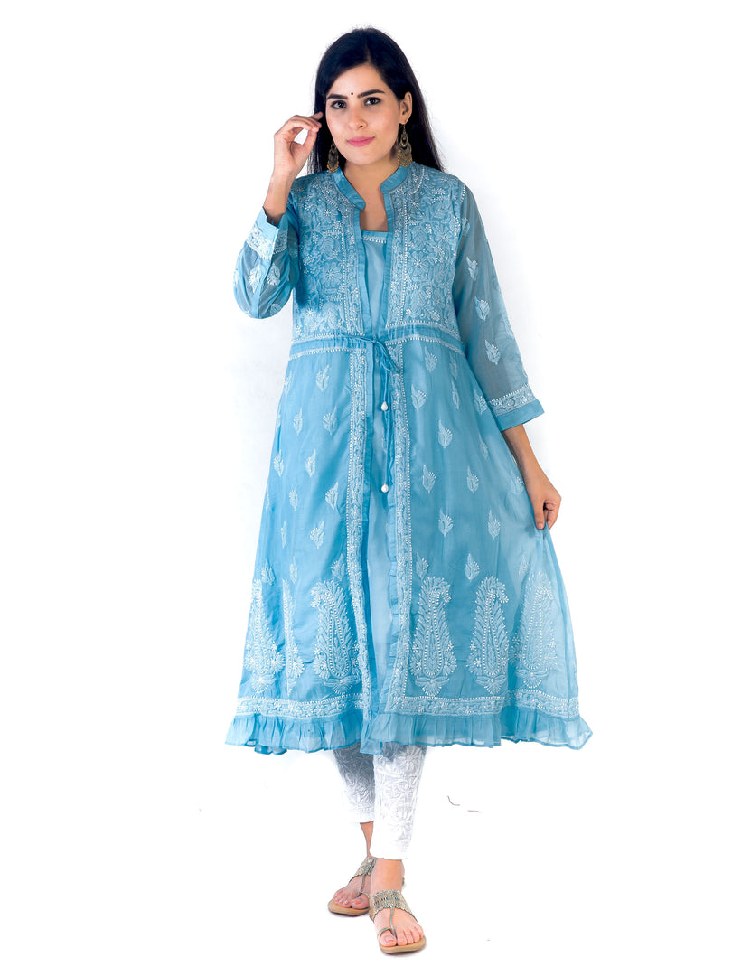 Seva Chikan Hand Embroidered Sky Blue Cotton Lucknowi Chikankari Sarag-SCL1368