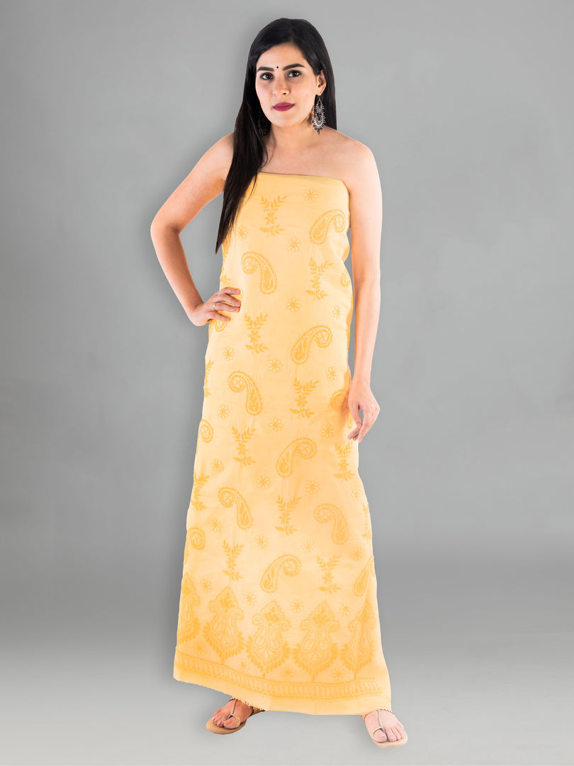 Seva Chikan Hand Embroidered Mustard Cotton Lucknowi Chikan Unstitched Suit Piece-SCL1544