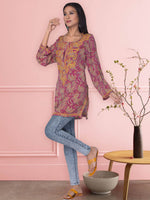 Load image into Gallery viewer, Seva Chikan Hand Embroidered Pink Rayon Lucknowi Chikan Short Kurti SCL1048