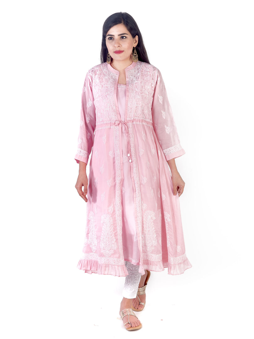 Seva Chikan Hand Embroidered Pink Cotton Lucknowi Chikankari Sarag-SCL1366