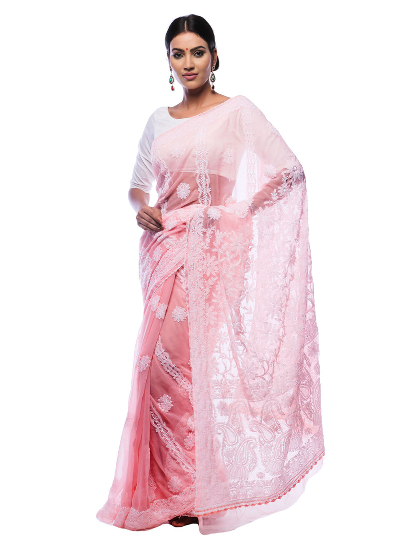 Seva Chikan Hand Embroidered Peach Georgette Lucknowi Saree-SCL0379