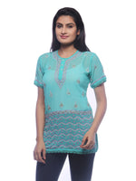 Load image into Gallery viewer, Seva Chikan Hand Embroidered Turquoise Georgette Lucknowi Chikankari Short Top With Sequins Work-SCL0172