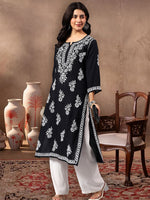 Load image into Gallery viewer, Seva Chikan Hand Embroidered Lucknowi Chikankari Black Rayon Kurta SCL4772