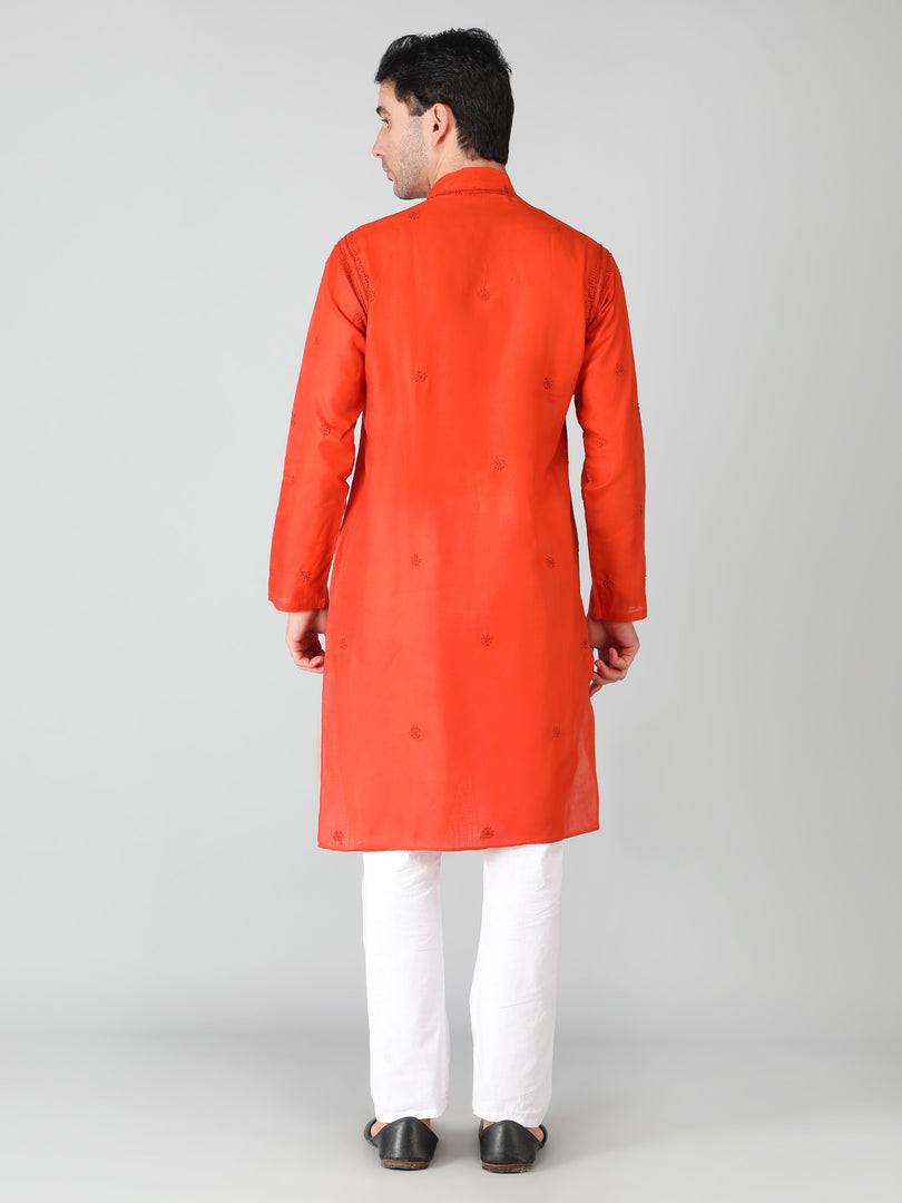 Seva Chikan Hand Embroidered Cotton Lucknowi Chikan Mens Stitched Kurta
